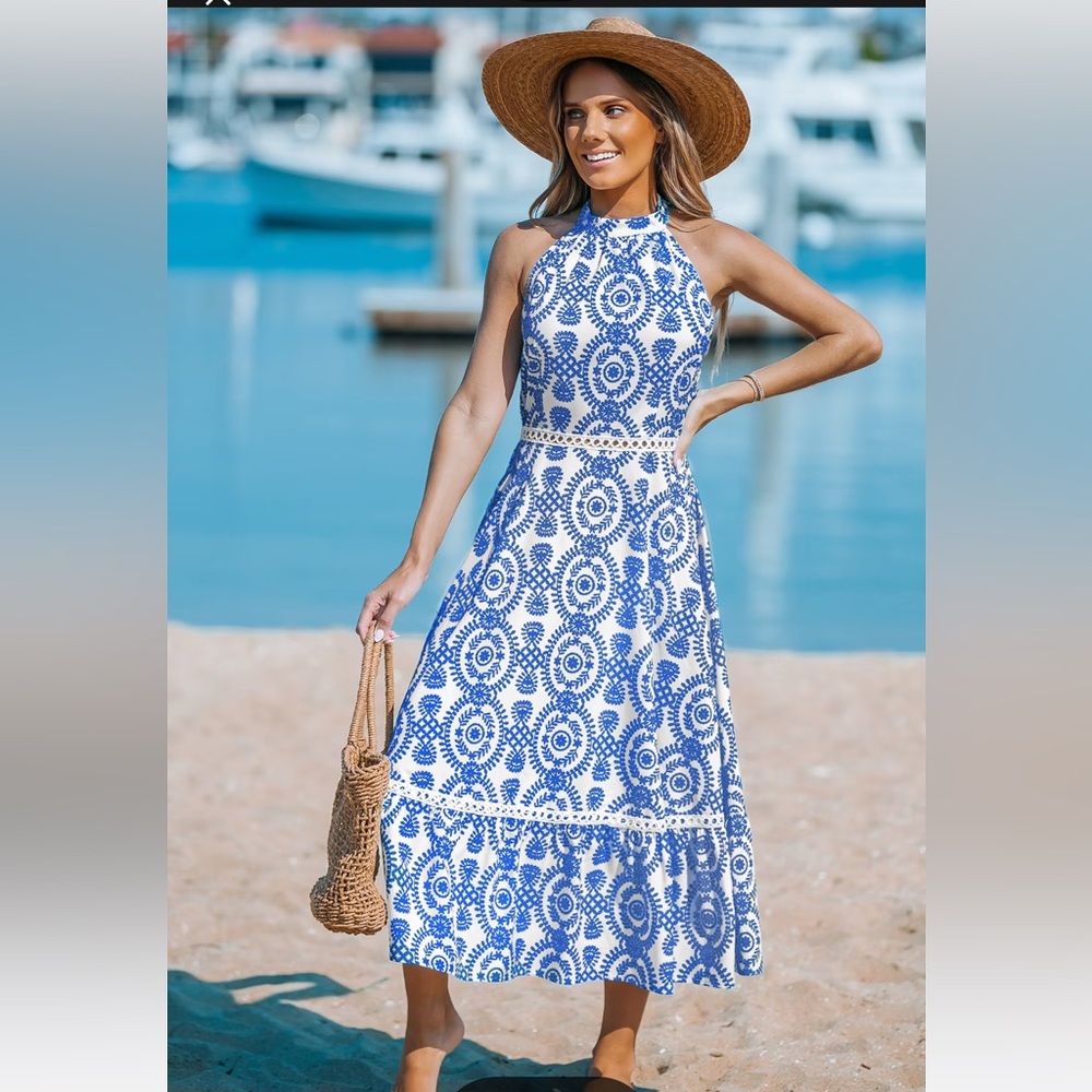 Cupshe White and Blue Halter Neck Midi Dress